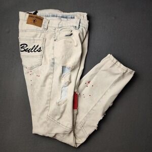 Chicago Bulls Jeans Mens 34x34 NBA Basketball Distressed Slim Fit Paint Splatter